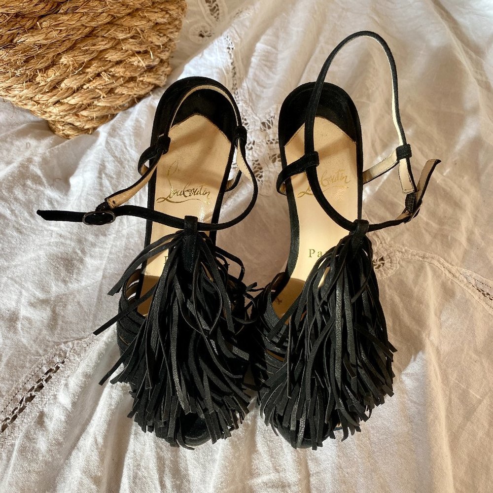 Vintage Christian Louboutin black suede platform fringe high heels